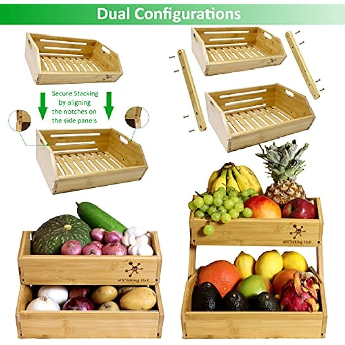 altCooking Hub BAMBOO STORAGE BIN - MULTIPURPOSE OPEN FRONT STACKING BINS FOR KITCHEN & PANTRY CONFIGURABLE AS 2 TIER FRUIT BASKET ON COUNTERTOP  IDEAL VEGETABLES, POTATO AND ONION - Image 2